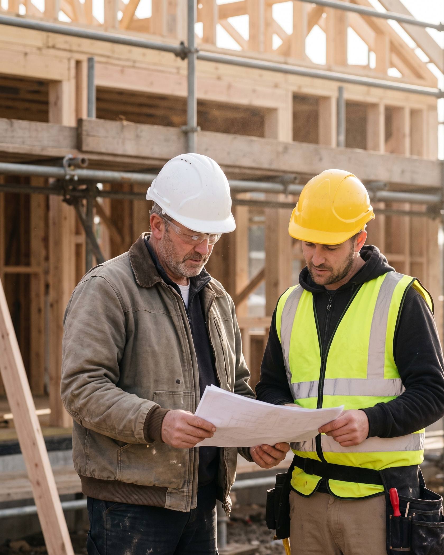 A builder and his site foreman reviewing plans on a timber frame site