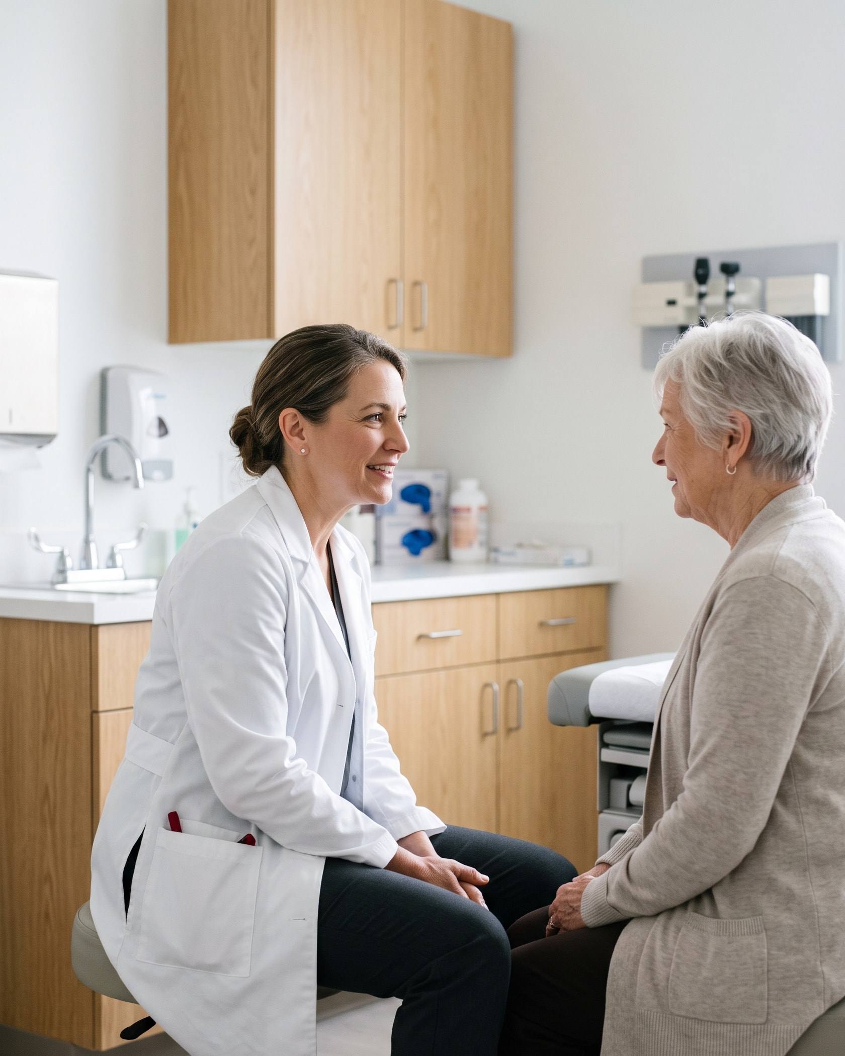 A clinic owner talking with an older patient in a bright exam room