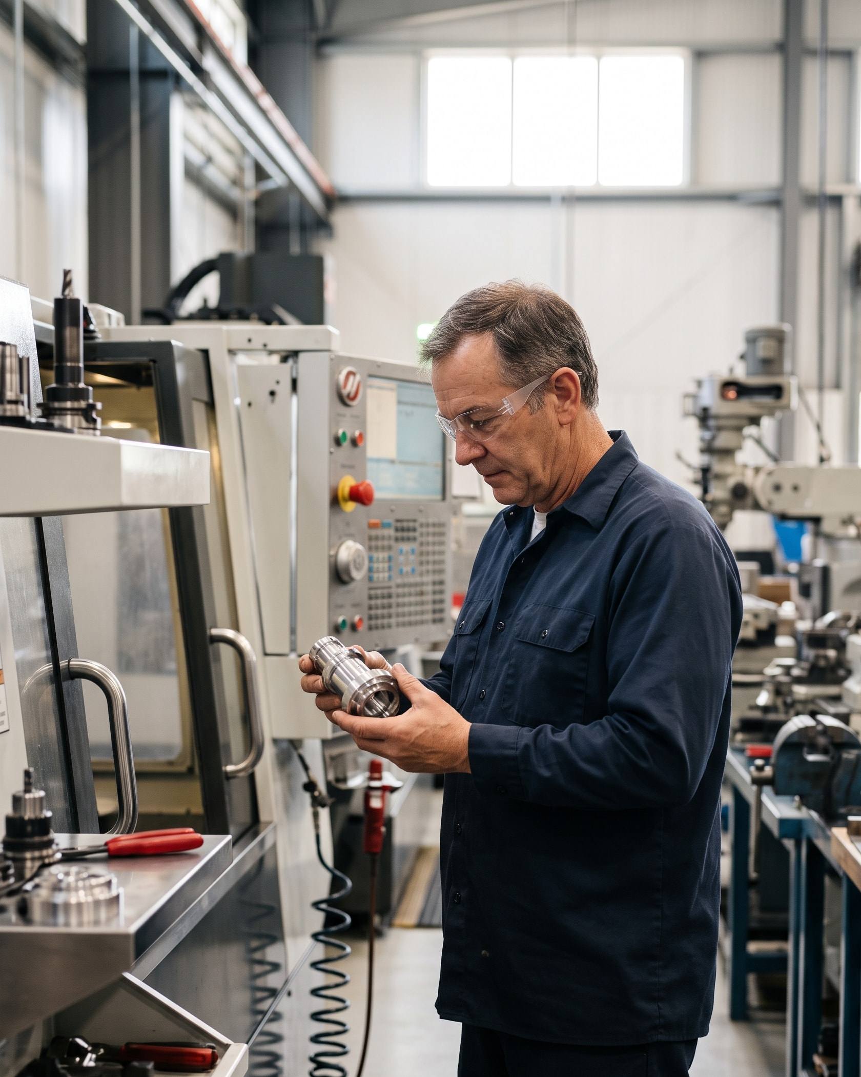A machine shop owner inspecting a freshly machined part beside a CNC machine