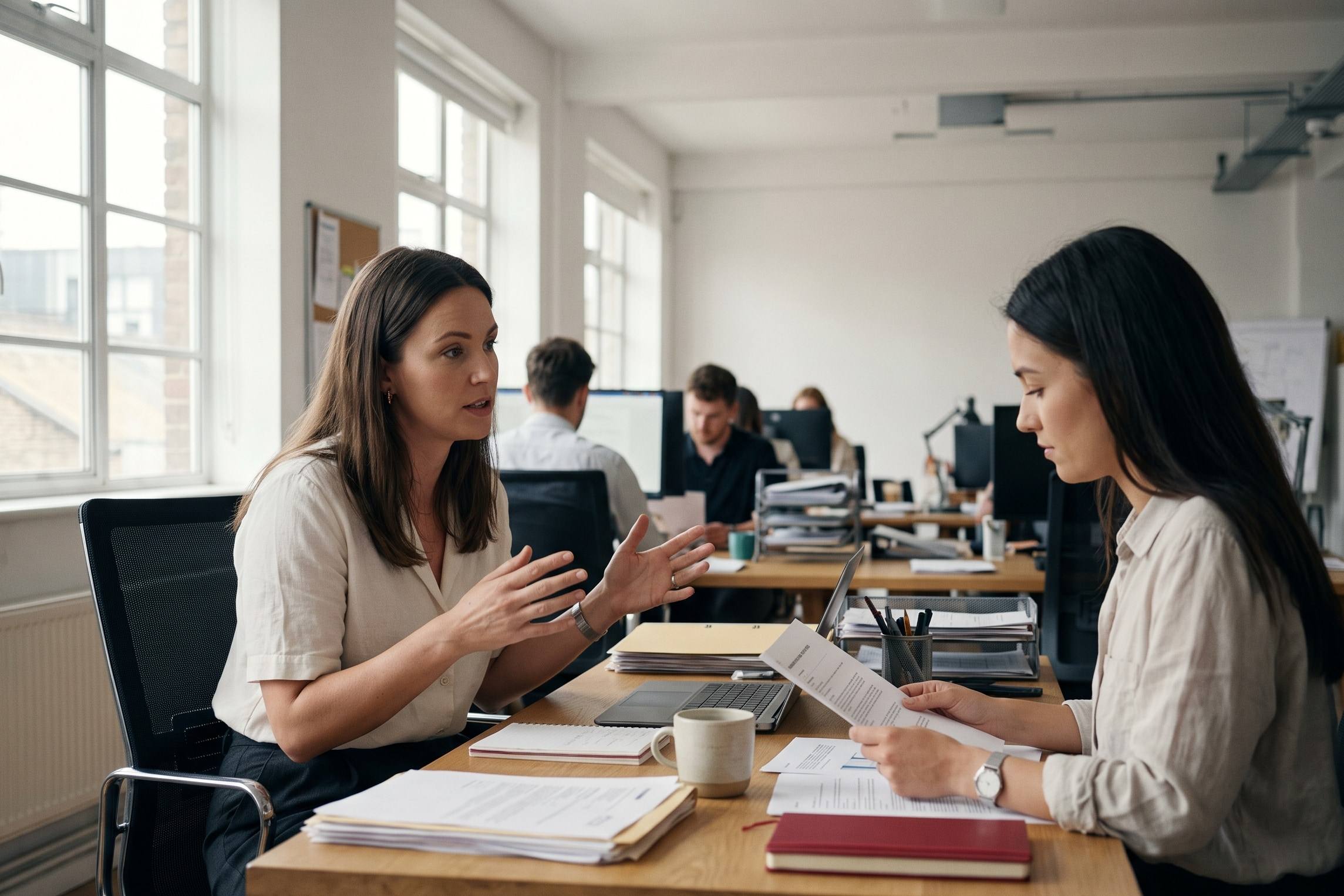 Two colleagues working through a procedure together at a desk
